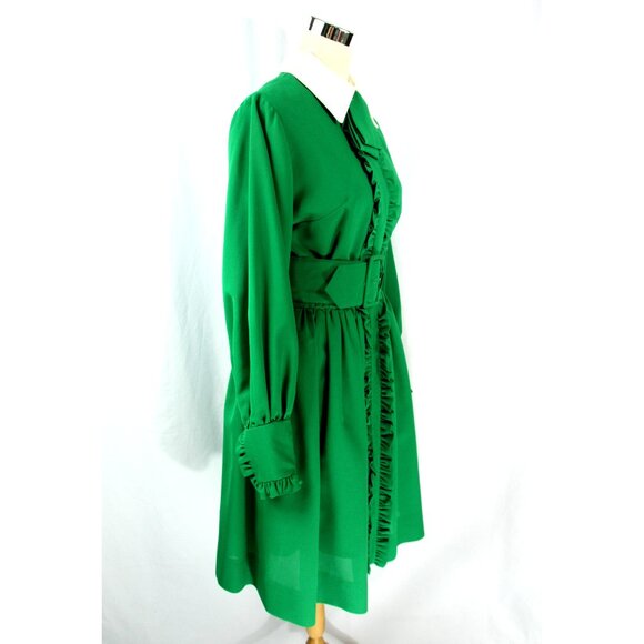 Vintage Les Wilk Collared Belted Ruffle Midi Secretary Geek Dress Green 1960s M - Picture 6 of 11
